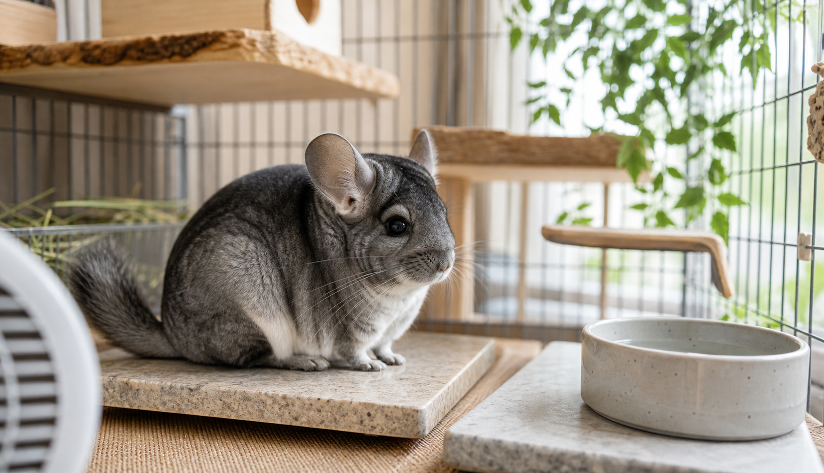 Grey chinchilla resting on a cool ceramic slab during warm weather