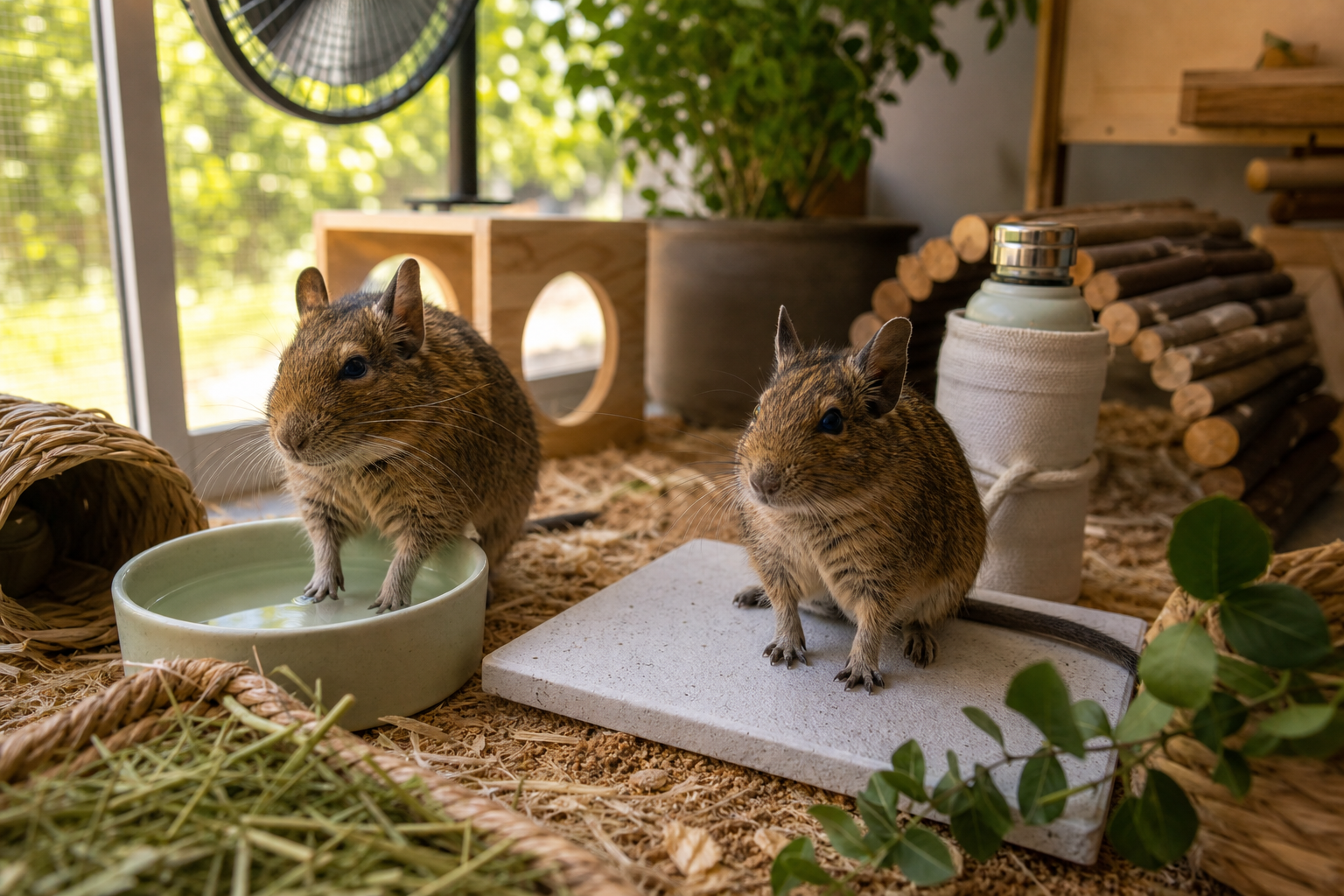 Two degus in a cool indoor enclosure with water, shade and a ceramic tile during warm weather.