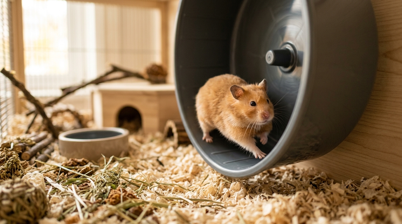 Golden Syrian hamster running happily on a large solid exercise wheel