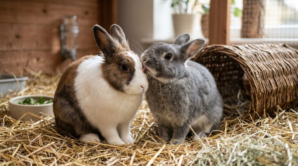 Two pet rabbits grooming each other affectionately