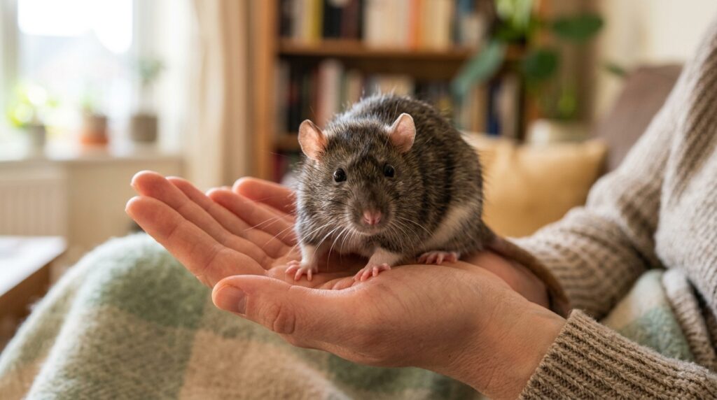 Curious pet rat with relaxed happy posture sitting on a person's hand