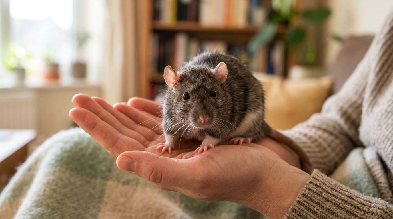 Curious pet rat with relaxed happy posture sitting on a person's hand