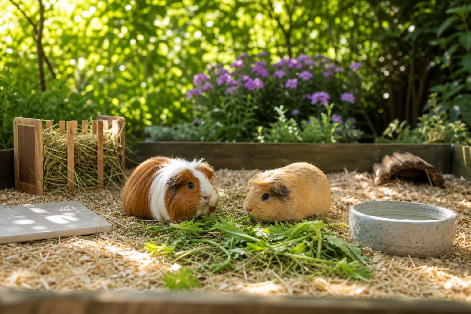 Two guinea pigs resting in a shaded summer enclosure with hay, greens and cooling tiles