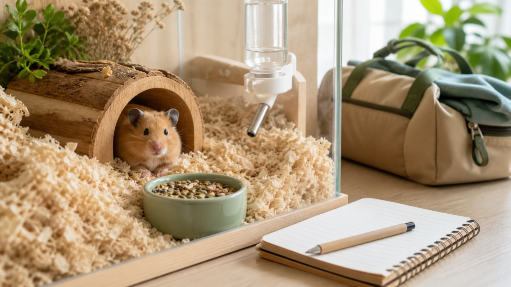 Golden Syrian hamster in a safe home enclosure with food, water and a care notebook for a hamster holiday care article