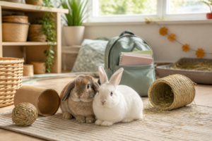 Two bonded pet rabbits in a calm indoor setup beside a school bag and enrichment toys.