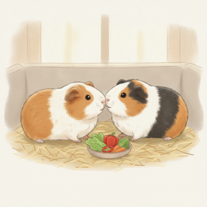 Two guinea pigs bonding gently on hay in a cosy neutral pen