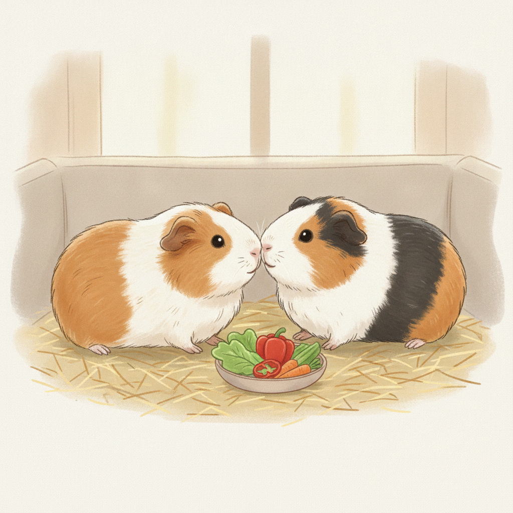 Two guinea pigs bonding gently on hay in a cosy neutral pen