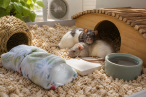 Two pet rats resting in a cool shaded enclosure with a ceramic tile, water bowl and wrapped frozen bottle for safe summer cooling.